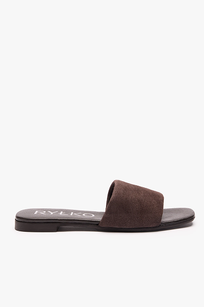 Brown suede slide sandal with flat sole on white background