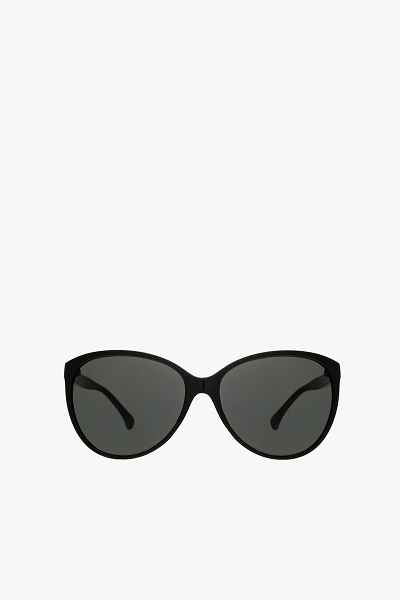 Stylish black sunglasses with dark lenses on a white background
