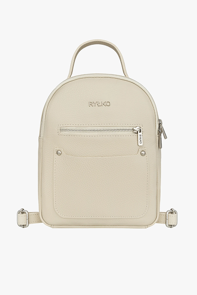 Cream leather backpack with front pocket and silver zippers by Ryłko.
