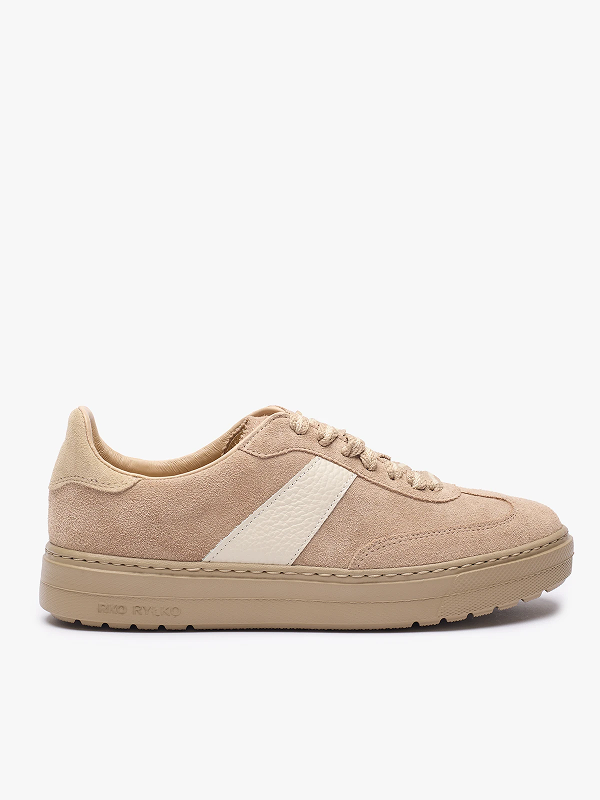 Beige suede trainer with white stripe and beige sole on white background
