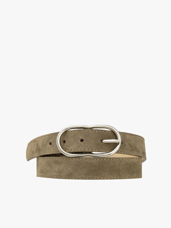 Brown suede belt with a silver oval buckle on a white background