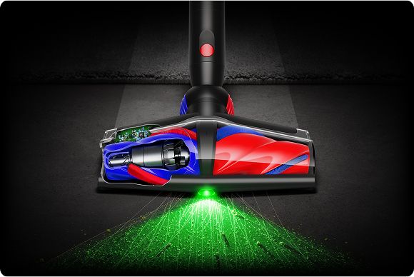Dyson All Floor Cones cleaner head illuminates dust and dirt on hard floors.