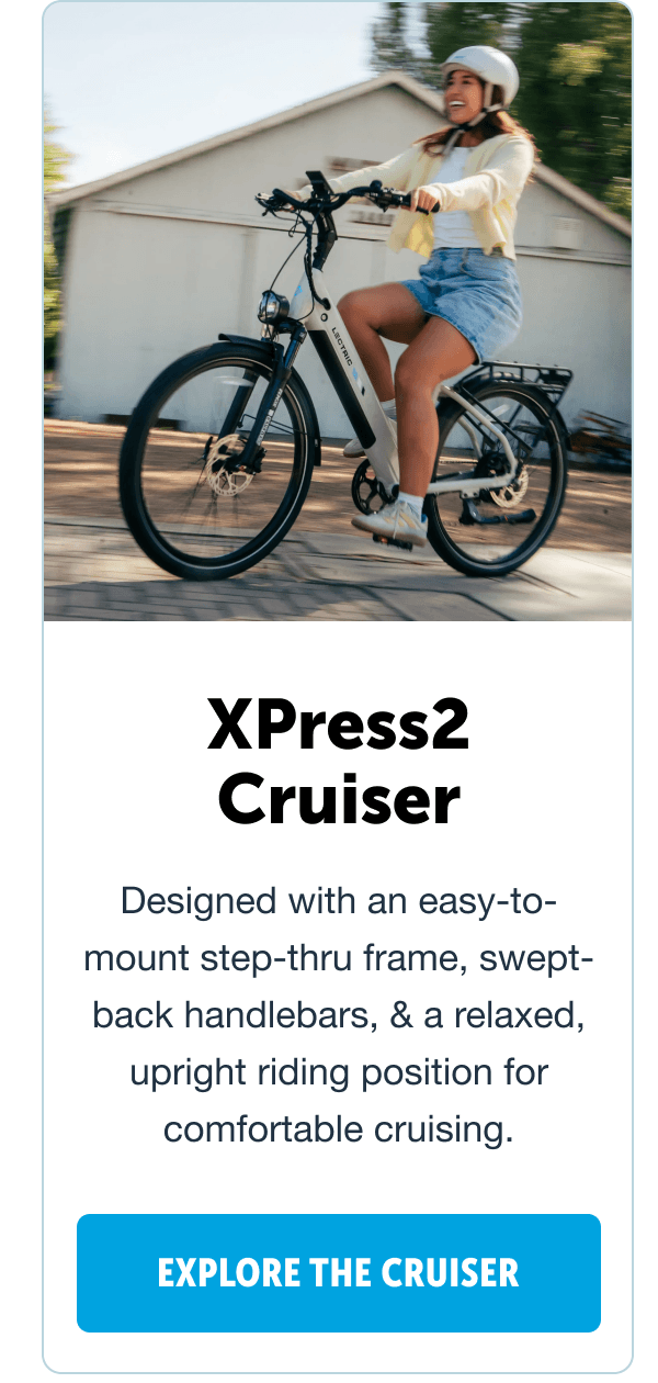 Explore the XPress2 Cruiser. Designed with an easy-to-mount step-thru frame, swept-back handlebars, & a relaxed, upright riding position for comfortable cruising.