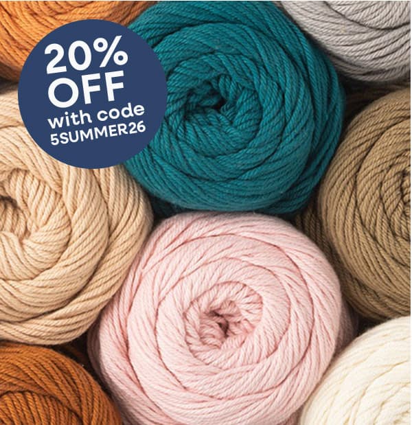 Image: Skeins of cotton yarn. Text: 20% off with code 5SUMMER26 >>