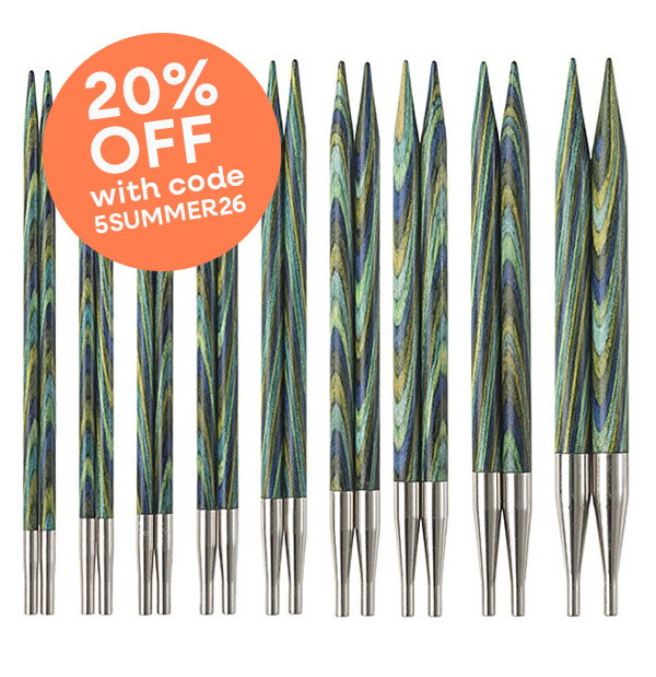 Image: Green and blue wooden interchangeable knitting needles. Text: 20% off with code 5SUMMER26 >>