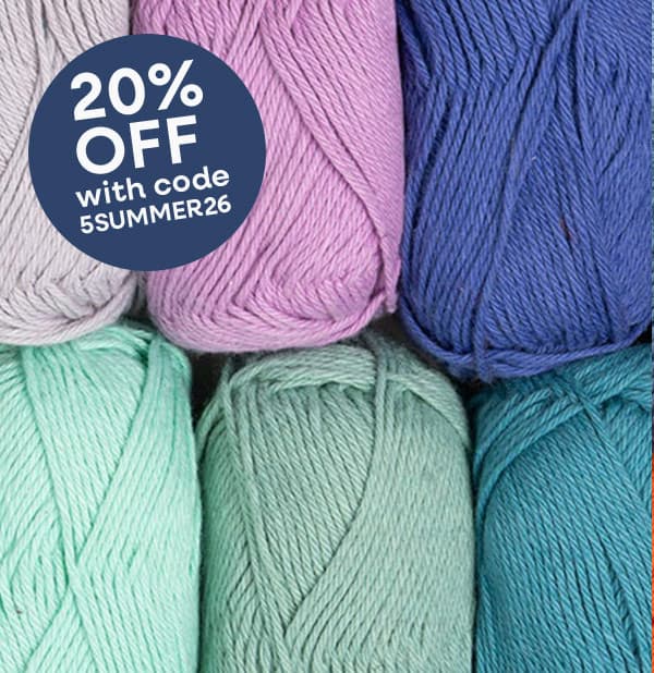 Image: Six skeins of yarn in purples and greens. Text: 20% off with code 5SUMMER26 >>
