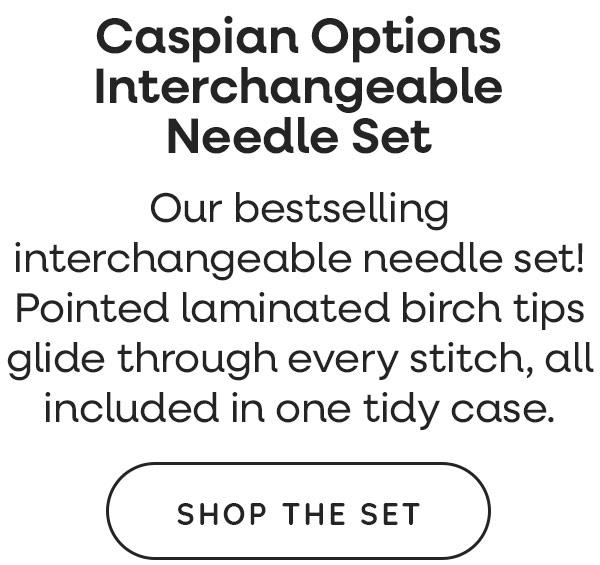 Caspian Options Interchangeable Needle Set. Our bestselling interchangeable needle set! Pointed laminated birch tips glide through every stitch, all included in one tidy case. Shop the Set >>