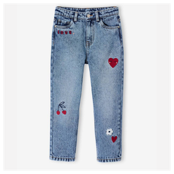 Mädchen Mom-Fit-Jeans mit Blumenstickerei, Bundweite verstellbar - mittelblau