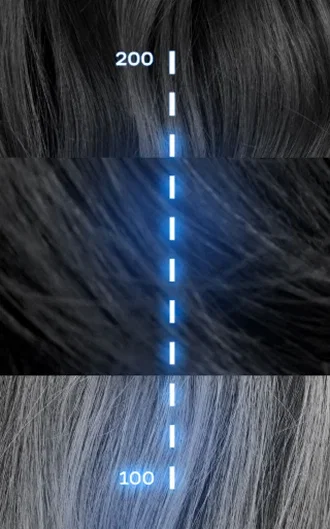 3 shots of different hair colours, grey black and dark grey, with a blue vertical dashes with 200 at the top and 100 at the bottom