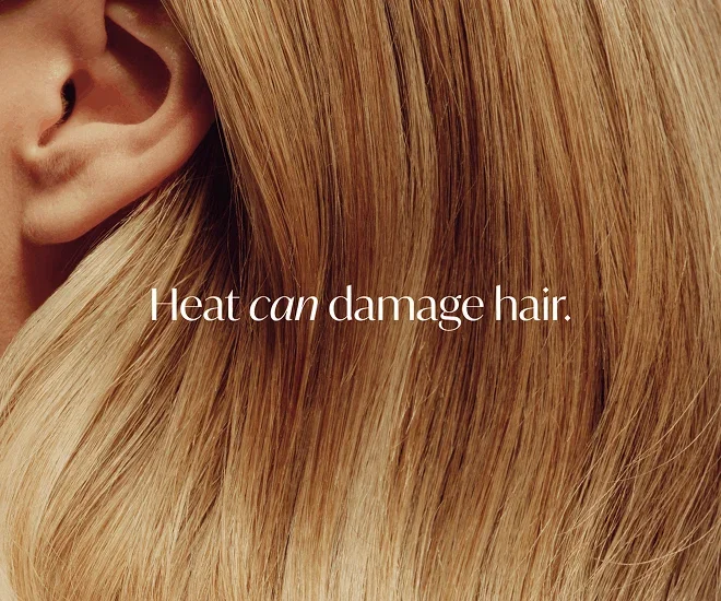 Blond hair, close up shot. "Heat can damage hair." text overlay