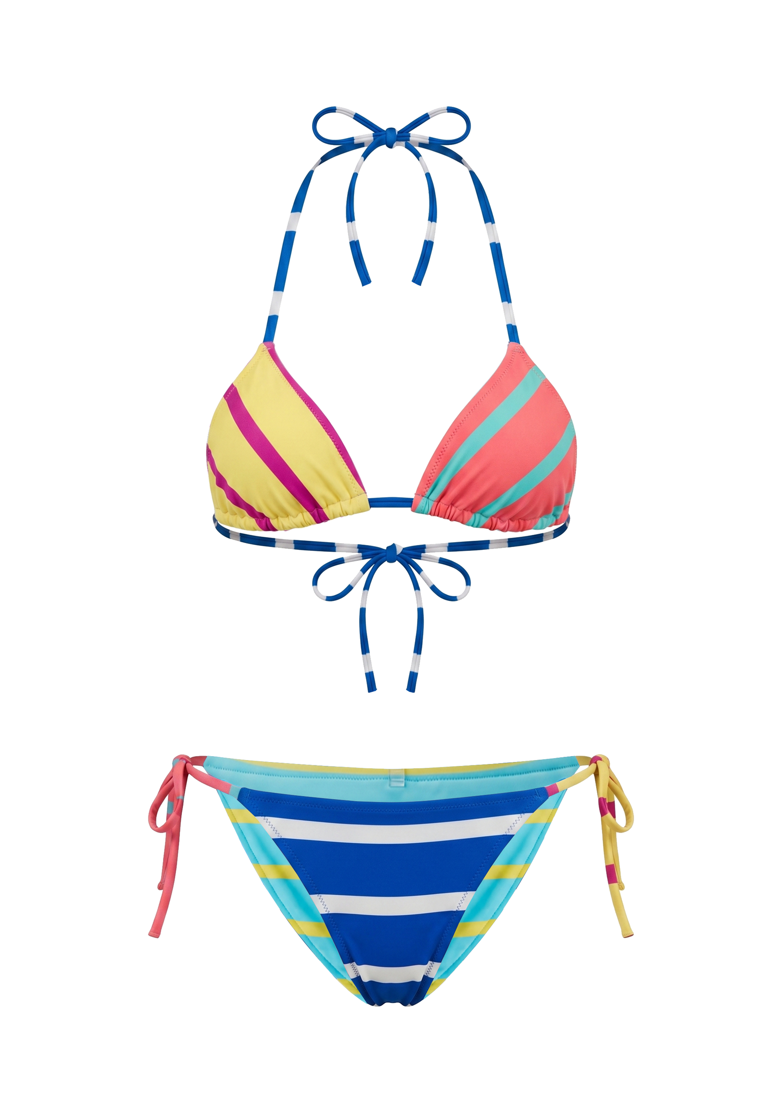 Colorful striped bikini on white background