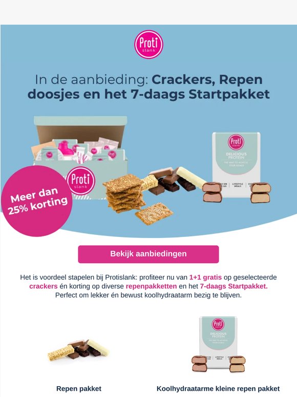 In de aanbieding: crackers, repen en het 7-daags startpakket!