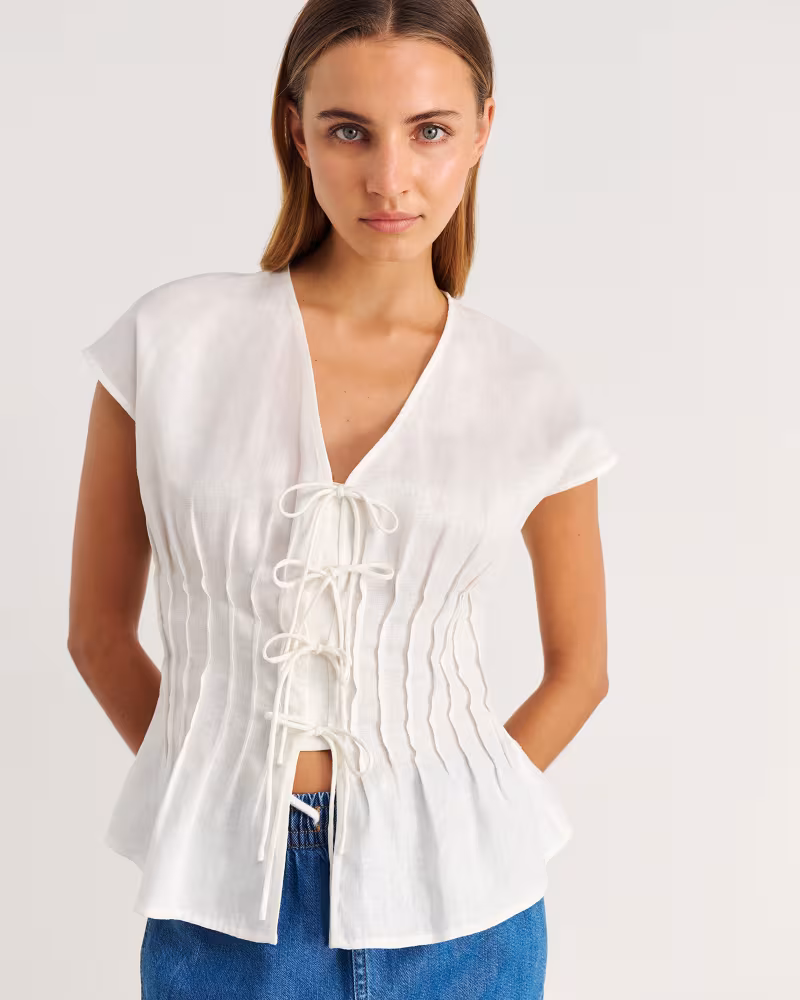 Image of Delphine Pintuck Linen Blouse