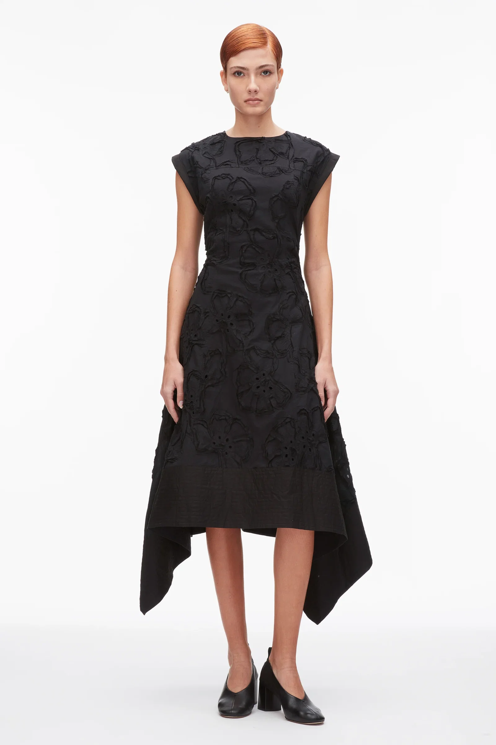 Image of Embroidered Belted Midi Dress with Handkerchief Hem