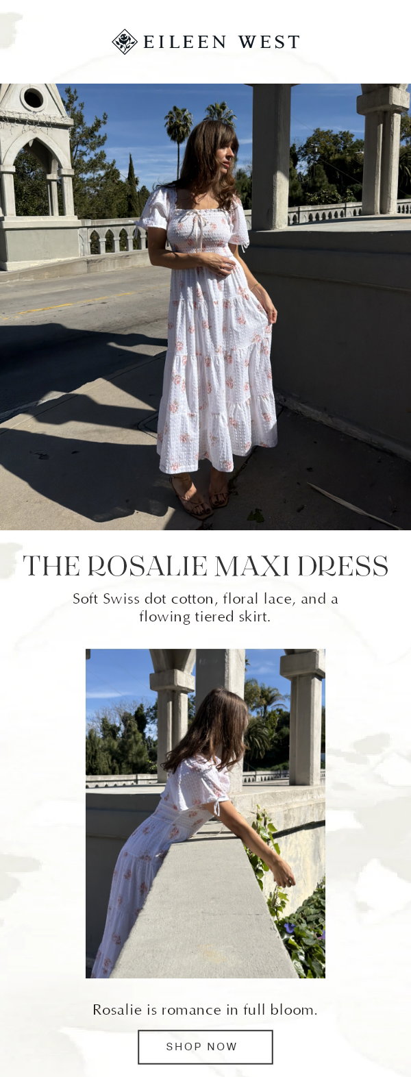 Soft Swiss dot cotton, floral lace, and a flowing tiered skirt.