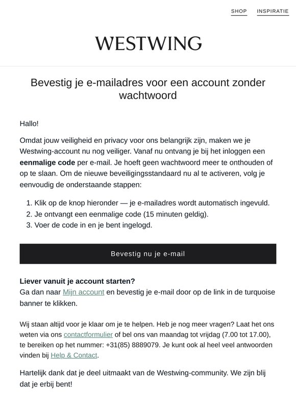 Nieuwe, veiligere Westwing — bevestig je e-mailadres