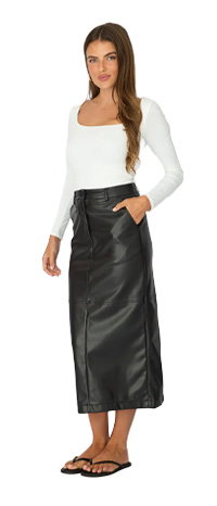 Black Pu Maxi Skirt Pencil Back Slit Faux Leather