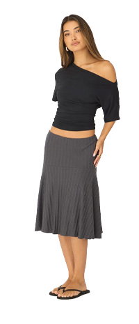 Grey Midi Skirt Elastic Waist Jacquard Rib Knit Lined