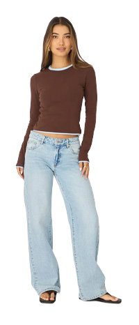 Brown Long Sleeve Contrast Binding T-shirt