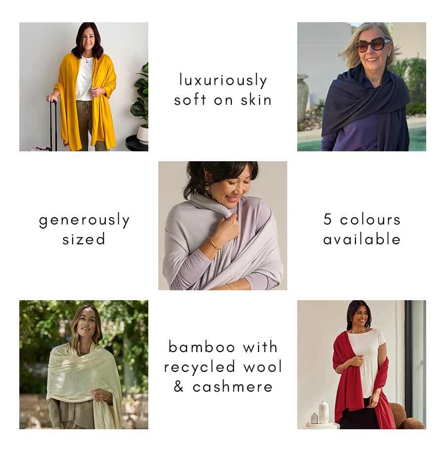 A collage of six images featuring women wearing shawls, with accompanying text: 'luxuriously soft on skin', 'generously sized', '5 colours available',...