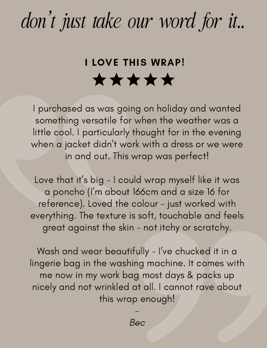 A medium shot displays a customer review with the text 'don't just take our word for it.. I LOVE THIS WRAP!' followed by five black stars, and then a ...