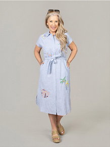 Embroidered Button-Up Midi Shirt Dress with Belt