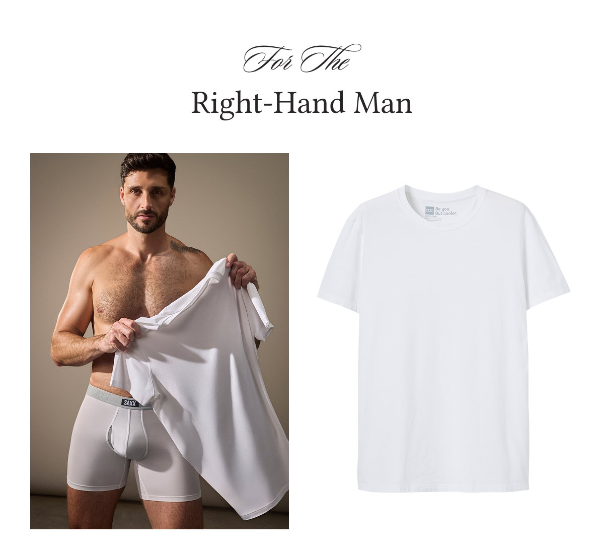 “For The Right-Hand Man” featuring a model holding a white t-shirt beside a white crewneck tee product image.