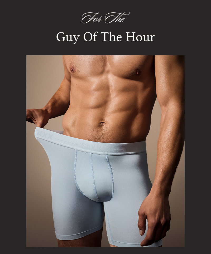 “For The Guy Of The Hour” featuring light blue boxer briefs shown on model and product flat lay.