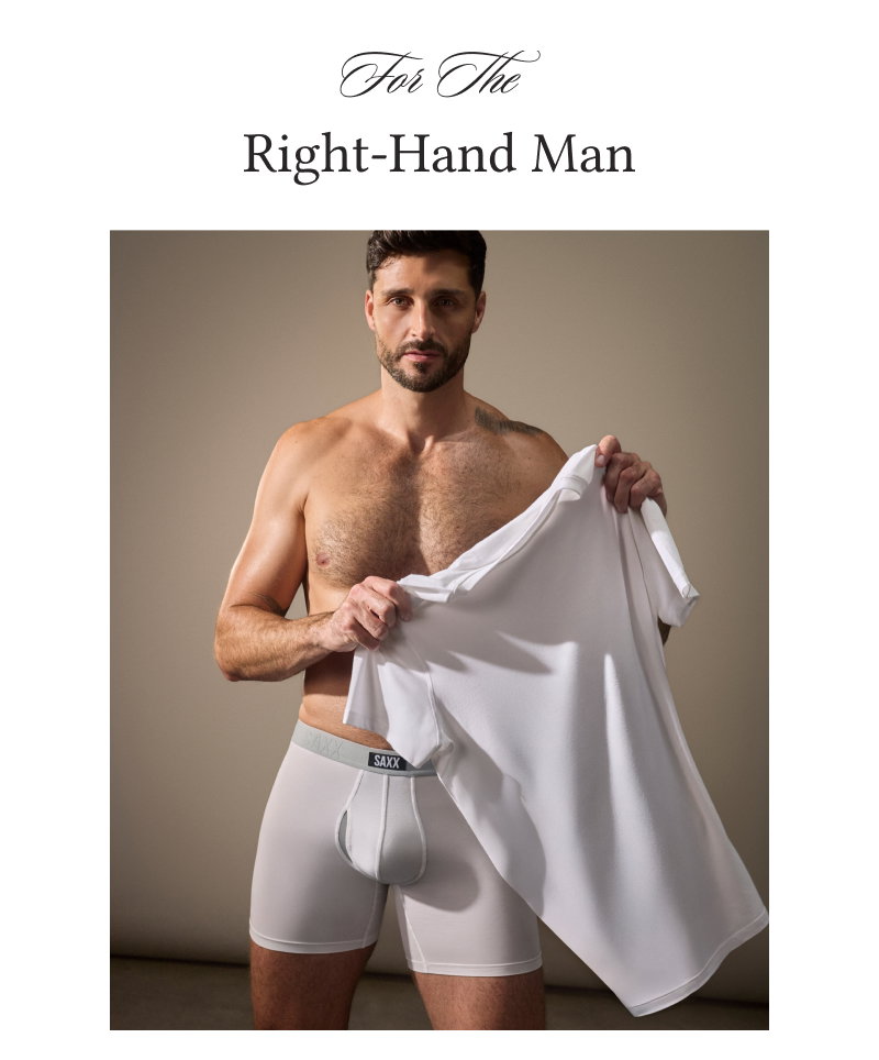 “For The Right-Hand Man” featuring a model holding a white t-shirt beside a white crewneck tee product image.