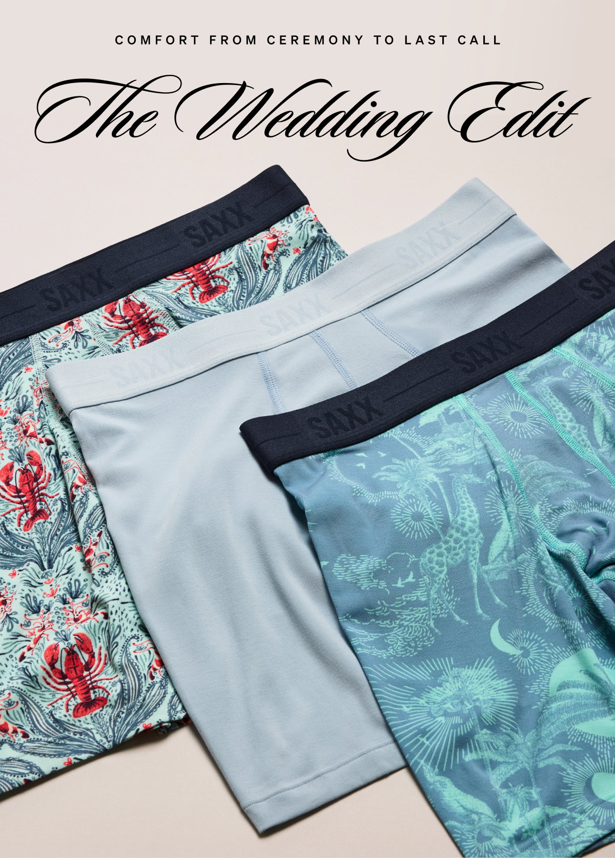 “The Wedding Edit” featuring three SAXX boxer briefs in assorted solid and patterned designs.