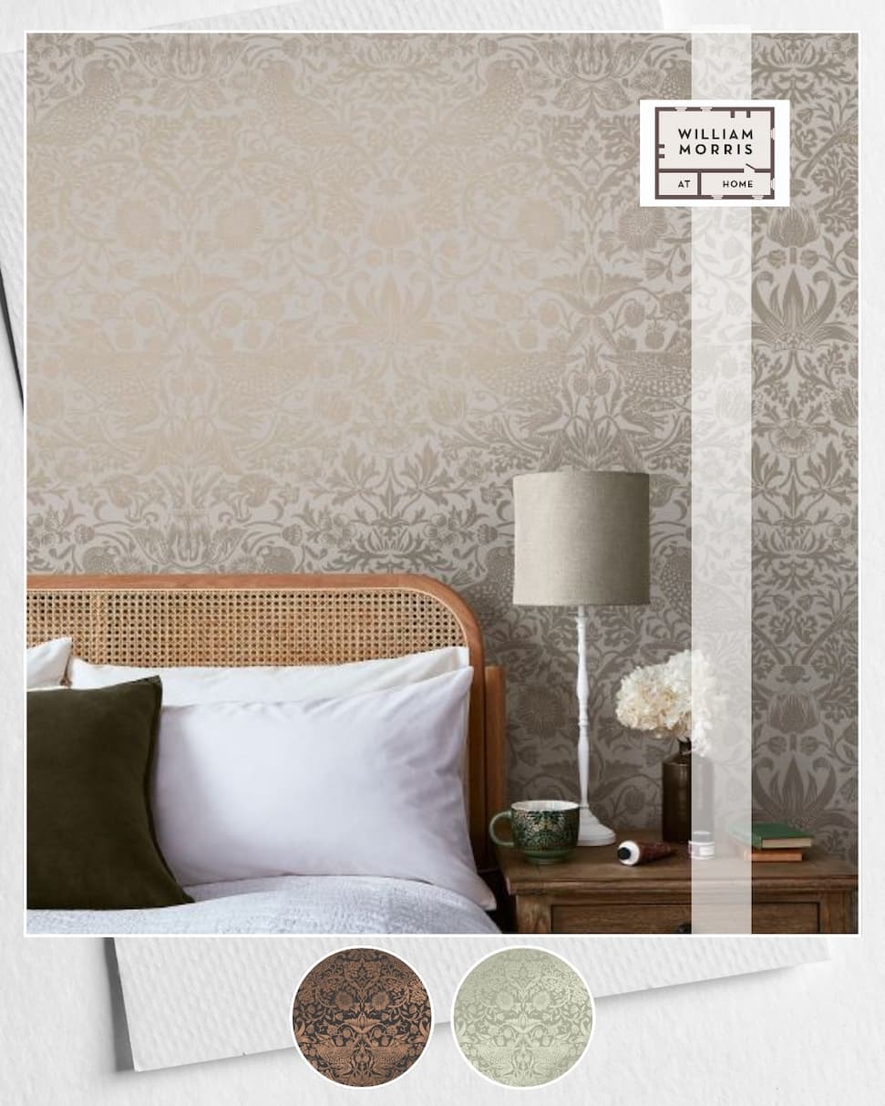William Morris At Home Strawberry Thief Fibrous Wallpaper Neutral 124238