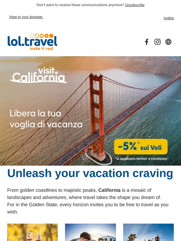-5% on flights to California. Unleash your vacation cravings!
