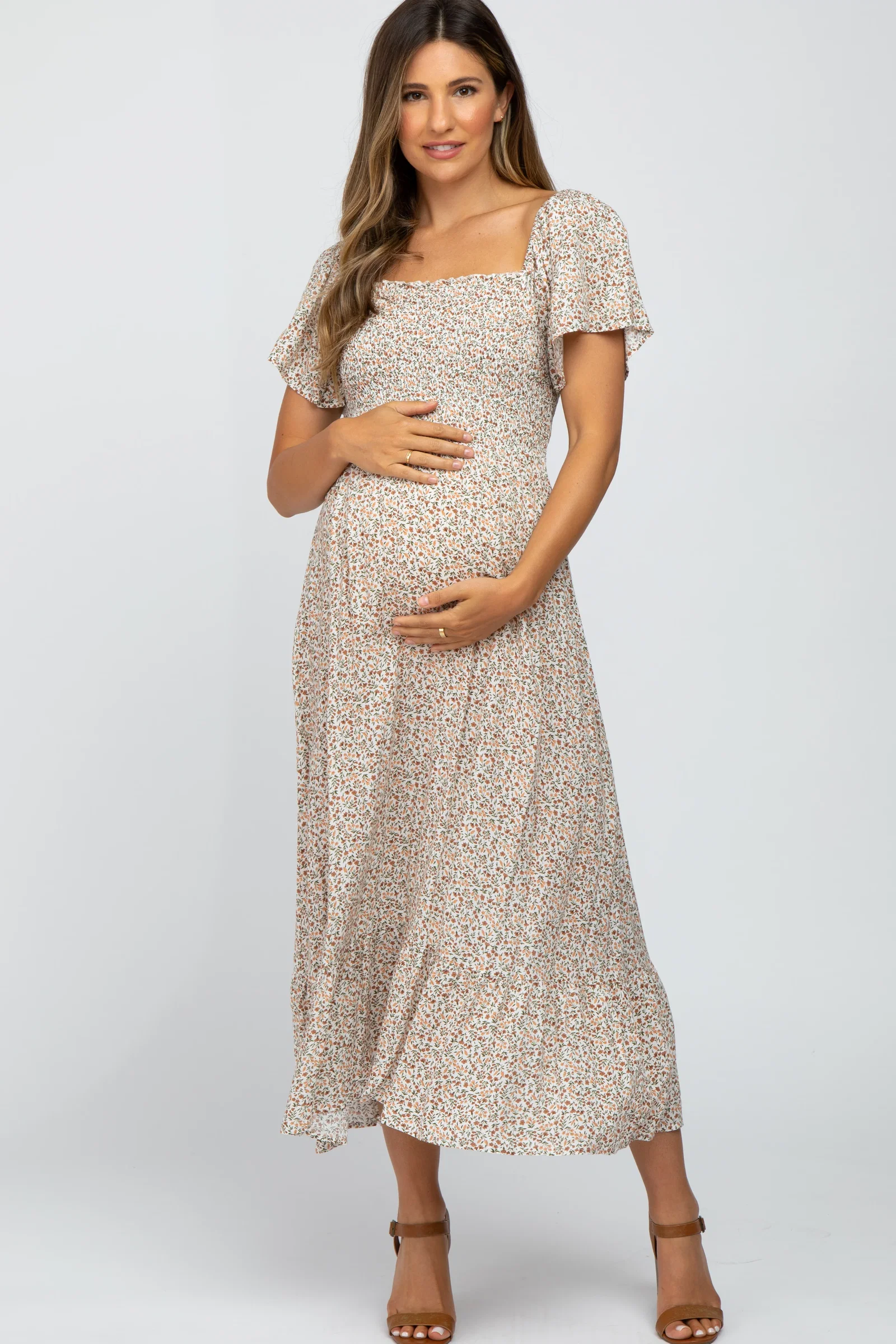Image of Ivory Floral Smocked Maternity Maxi Dress