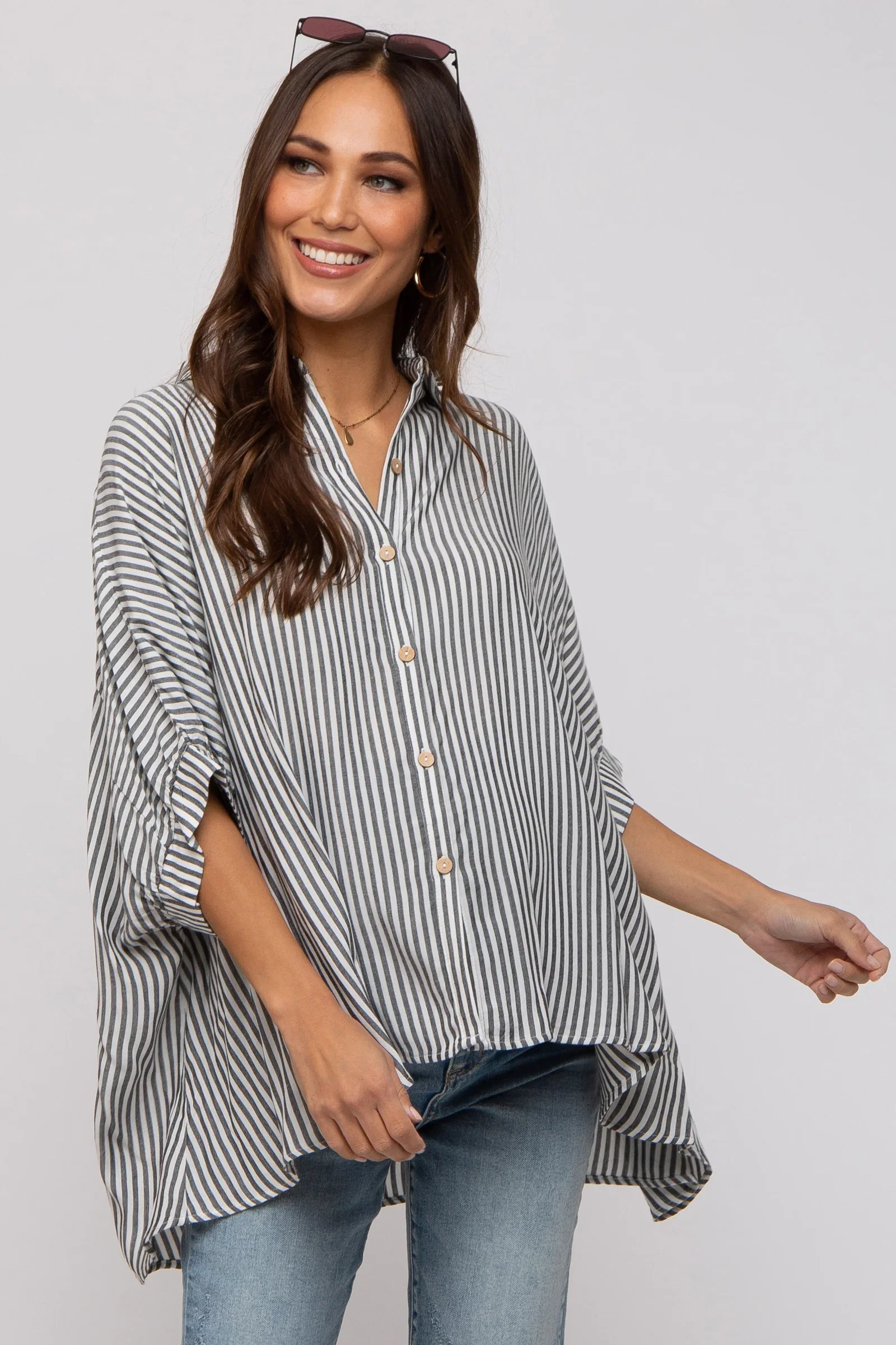 Image of Charcoal Striped Button Up Dolman Maternity Top