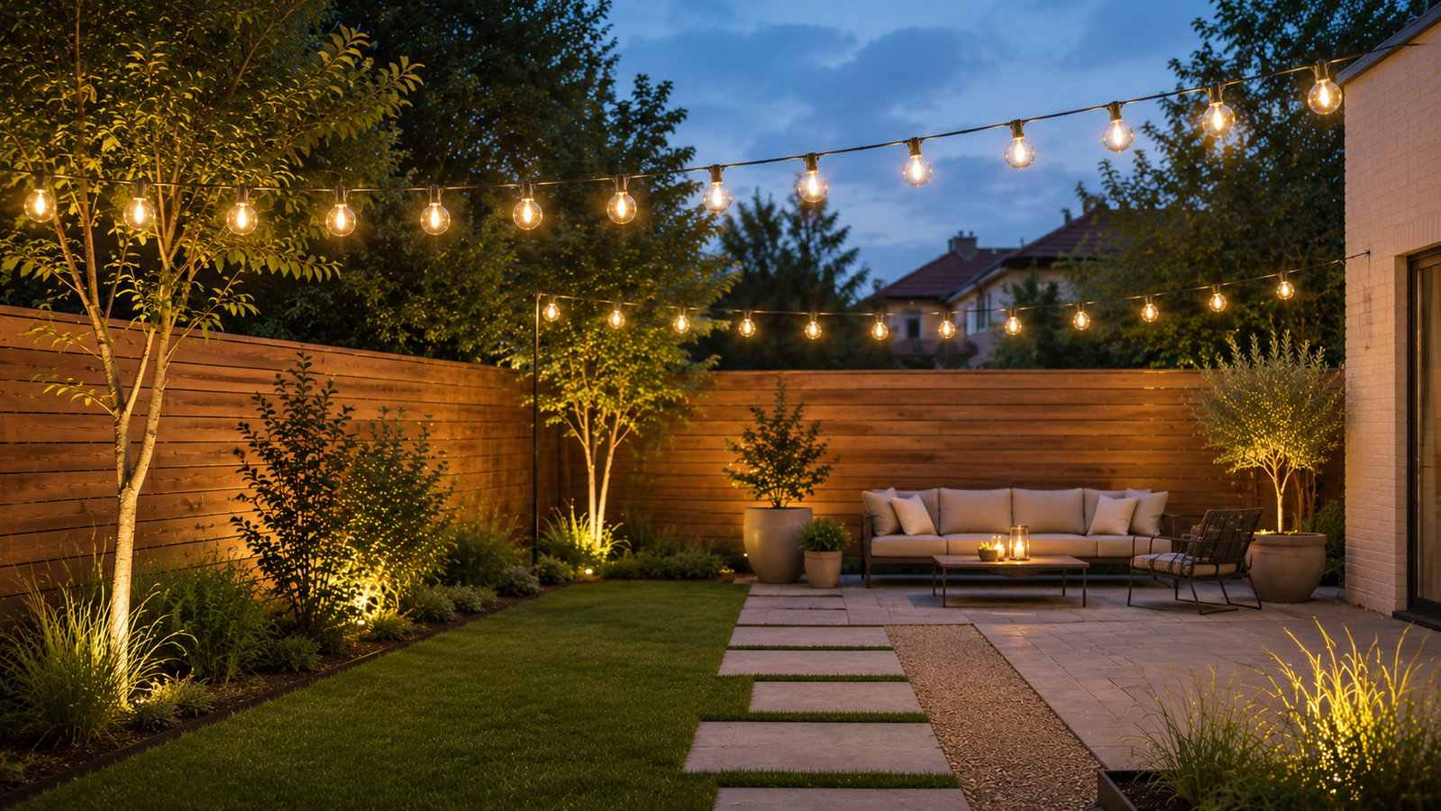 A atmospheric photo of fairy lights and string lights in the garden