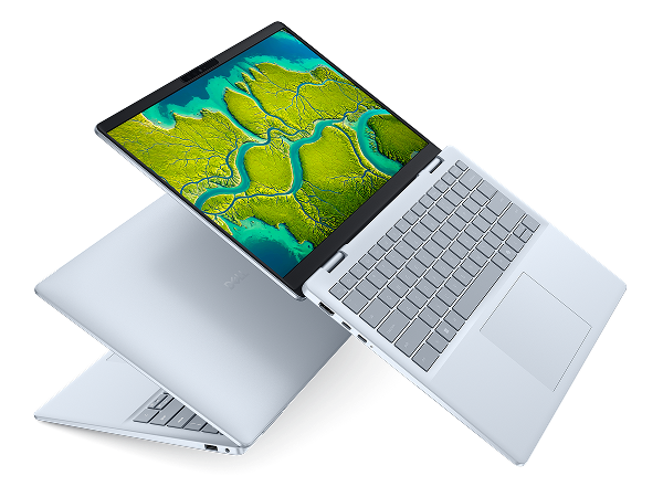 Two Dell 14 Plus Laptop computers arranged with one partially opened and the other floating in midair, fully opened above it.