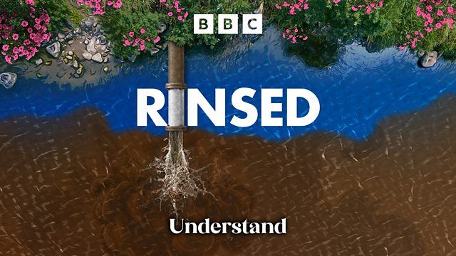 A graphic shows a metal pipe pouring water into a body of water. Above, pink flowers. The BBC logo appears at the top, with the word “RINSED” in large white letters across the centre and “Understand” below.