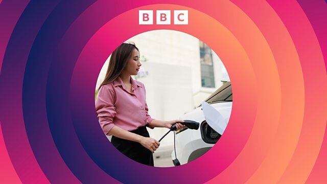 A woman plus a charger into a white car battery port. She wears a pink shirt and black trousers. The photo is cropped in a circle. A graphic showing concentric rings in a purple, orange and pink gradient is overlaid and the BBC logo is in white at the top.