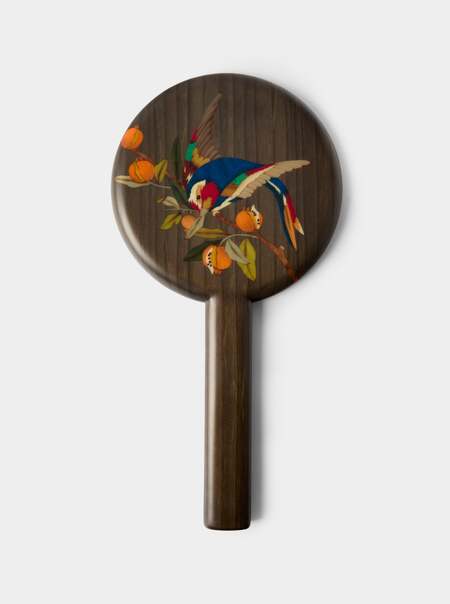 Birds and Pomegranate Marquetry Wood Hand Mirror