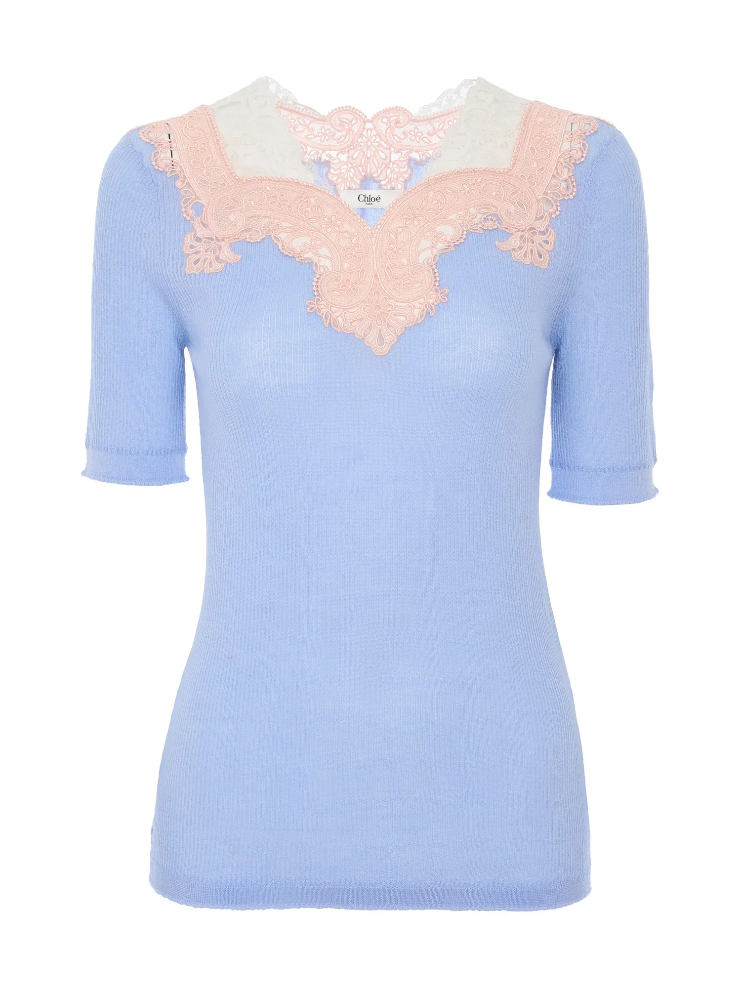 Image of Wool Knit and Lace Elbow-Sleeve Fitted Sweater