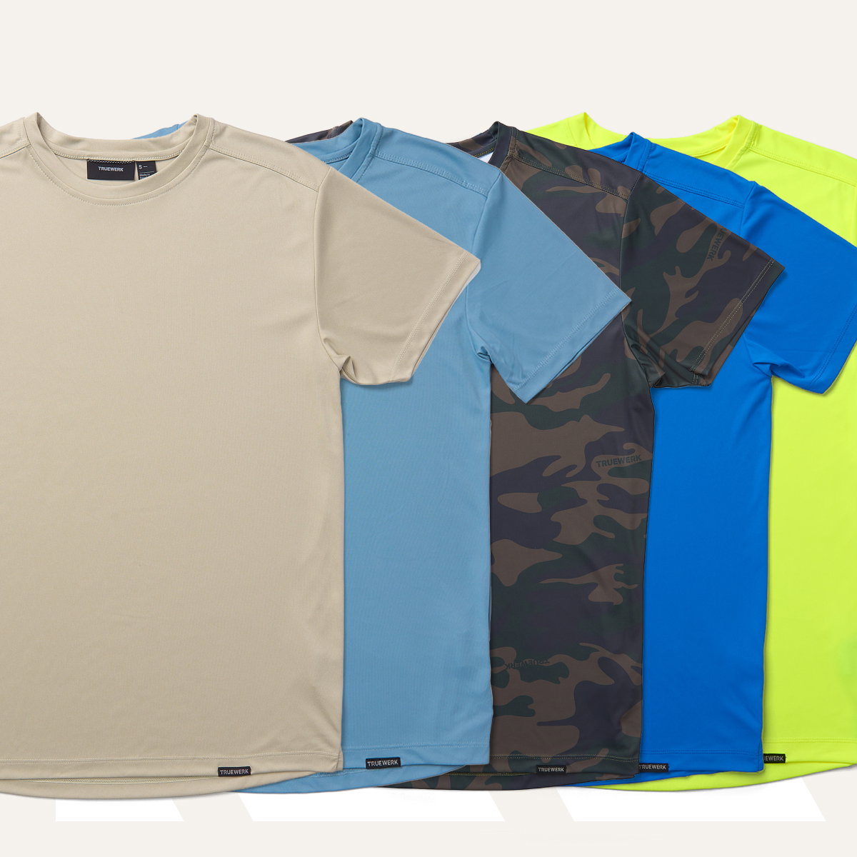 B1 SHORT SLEEVE— NEW COLORS: Heathered Putty, Horizon Blue, Olive Camo, Royal Blue, and TRUEWERK Lime