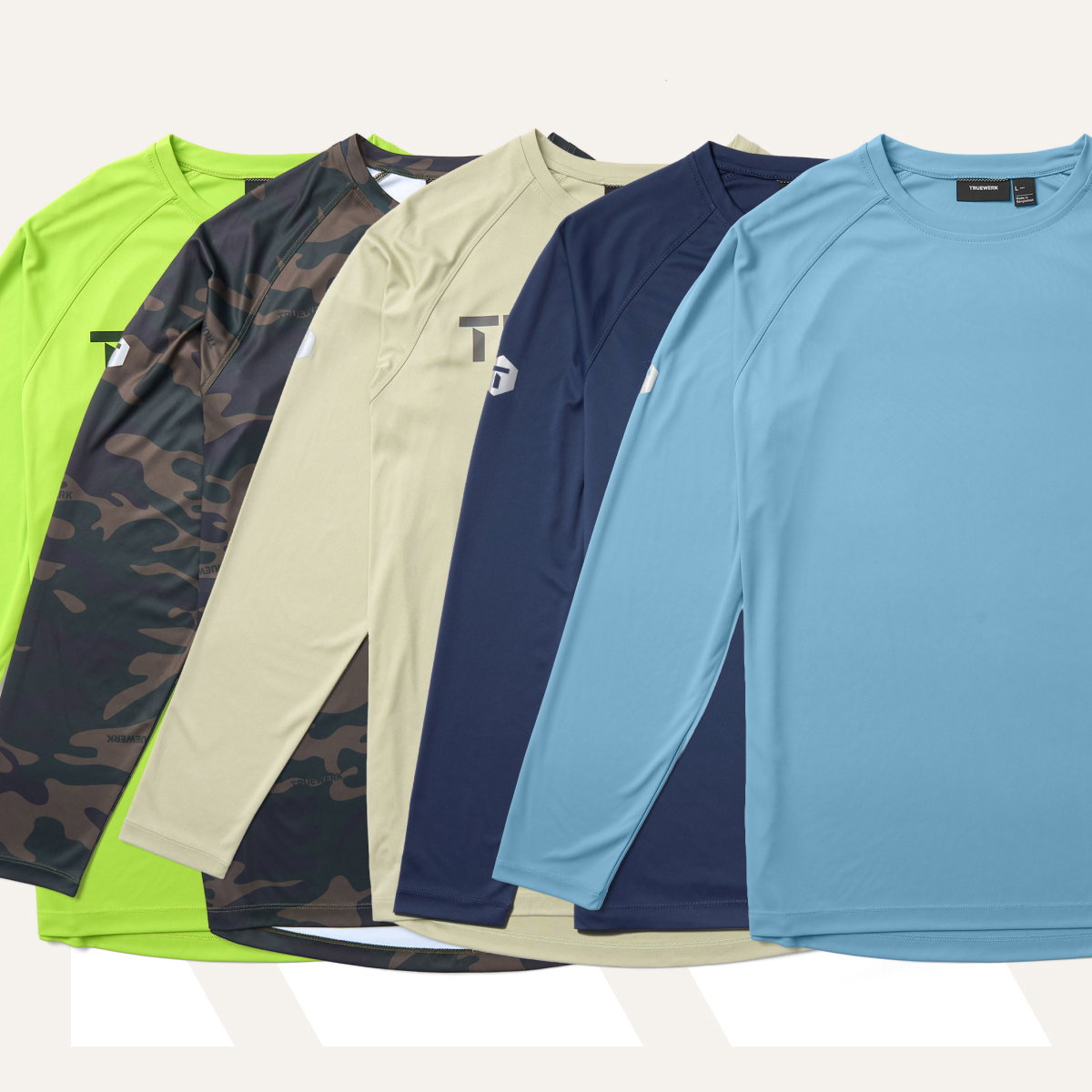 B1 LONG SLEEVE— NEW COLORS: TRUEWERK Lime, Olive Camo, TRUEWERK Heathered Putty, Dark Navy, and Horizon Blue