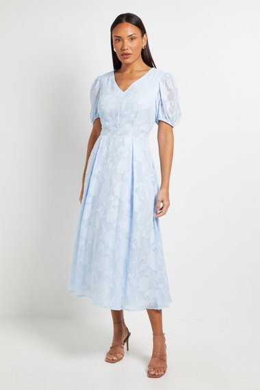 Floral Jacquard Puff Sleeve Midi Dress