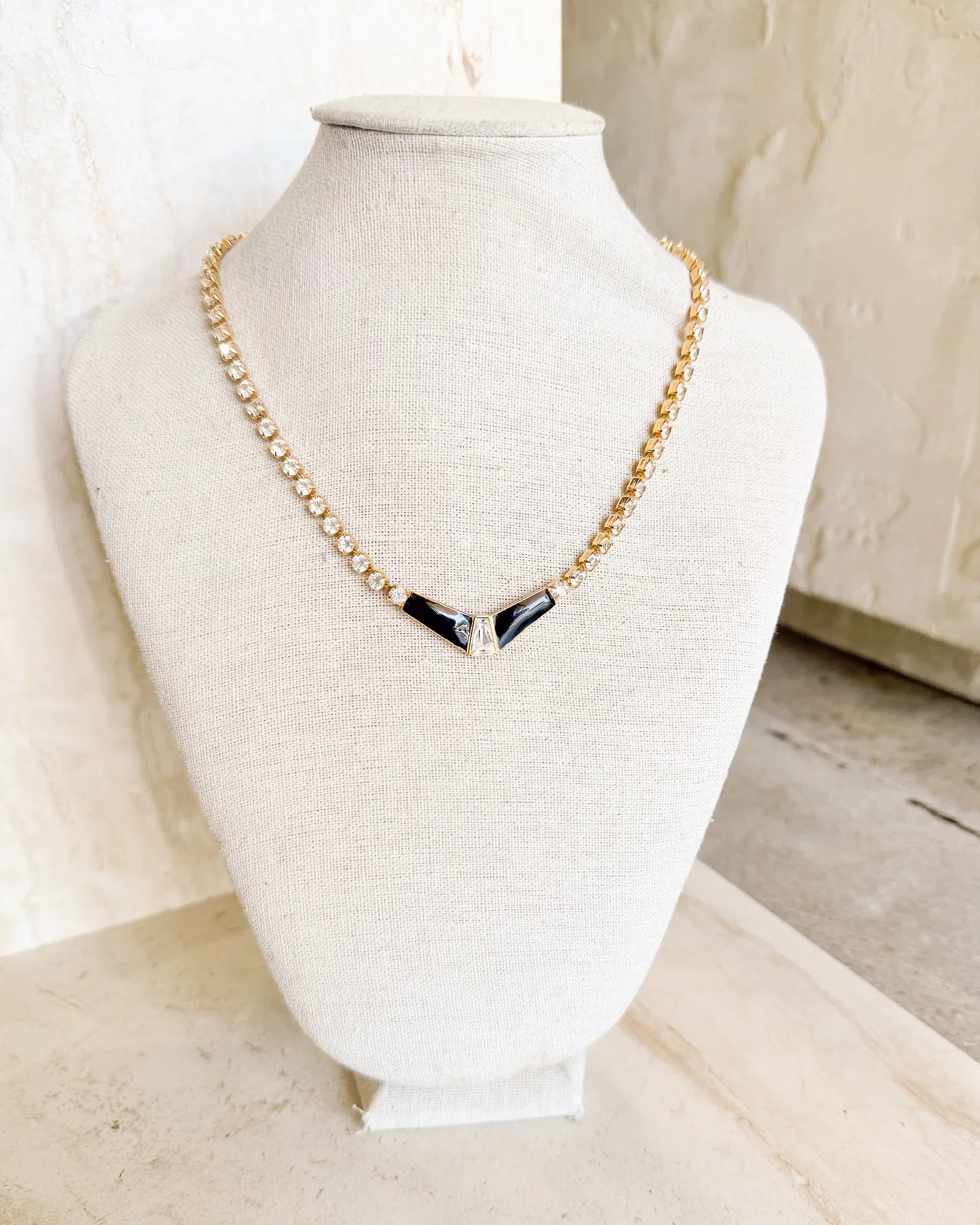 Image of Vintage black enamel pendant gold-tone rhinestone chain necklace
