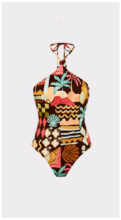 Vintage Coastal Print Halterneck One Piece