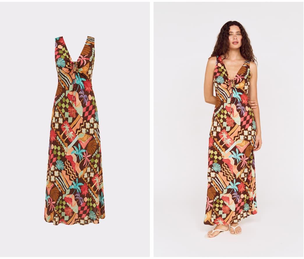 Vintage Coastal Print Keyhole Midi Dress