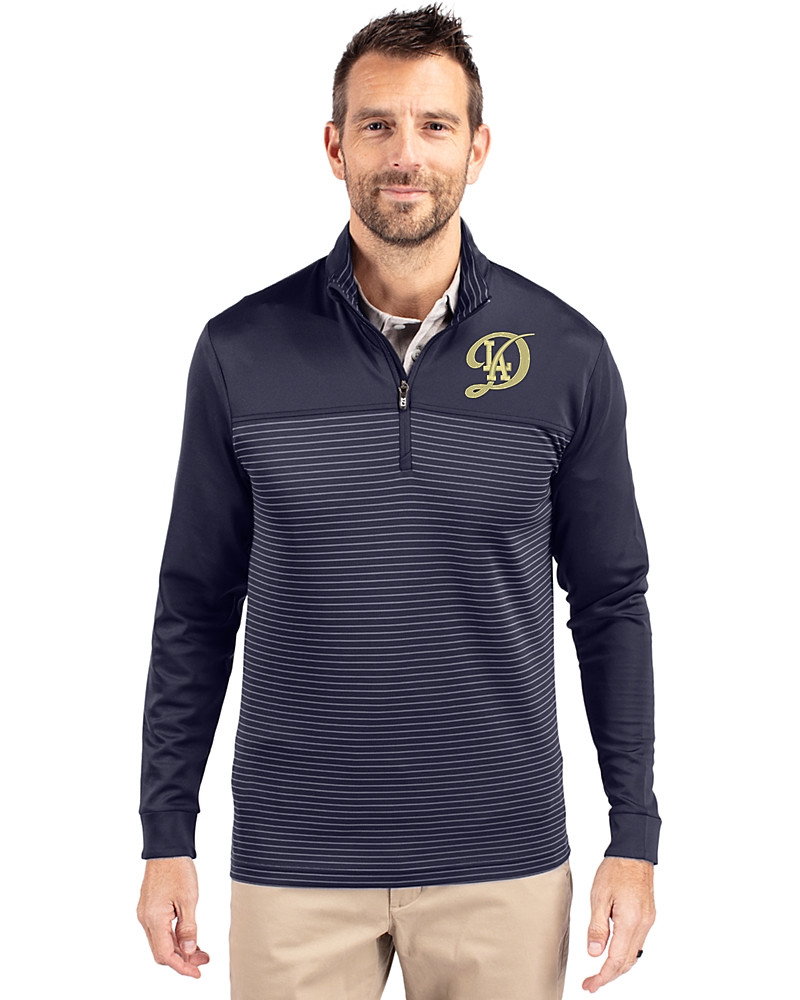 Image of Los Angeles Dodgers City Connect- Cutter & Buck Traverse Recycled Smooth Stretch Mens Big & Tall Stripe Quarter Zip Pullover