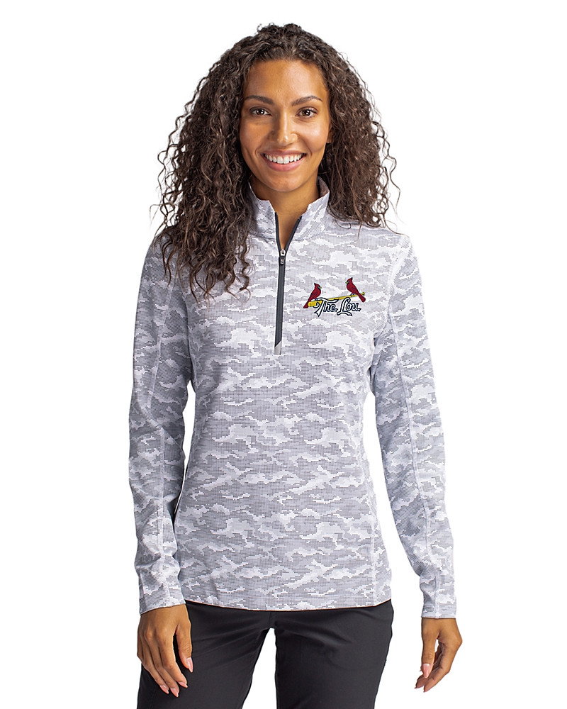 Image of St. Louis Cardinals City Connect Cutter & Buck Traverse Recycled Smooth Stretch Womens Camo Quarter Zip Pullover