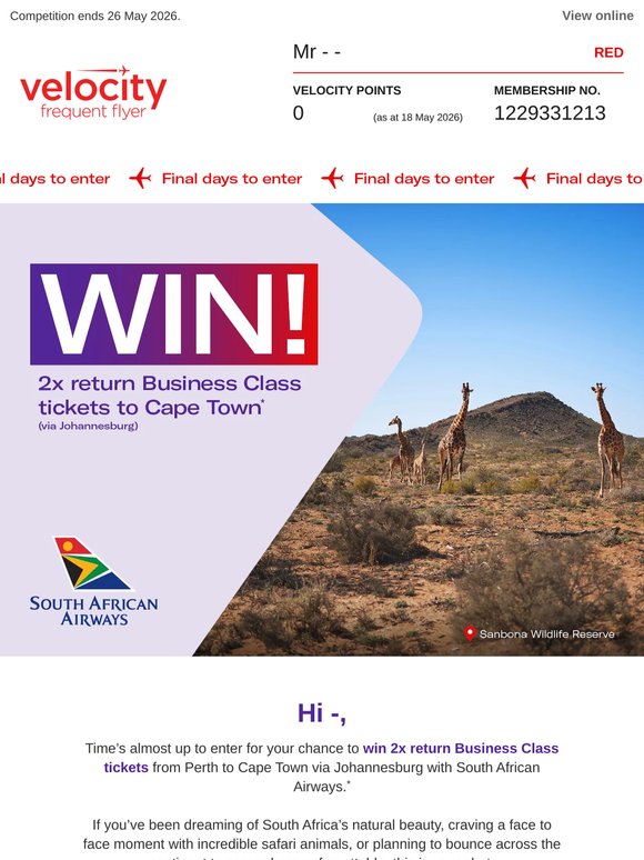 Don't miss your chance to win 2x return Business Class tickets from Perth to Cape Town*