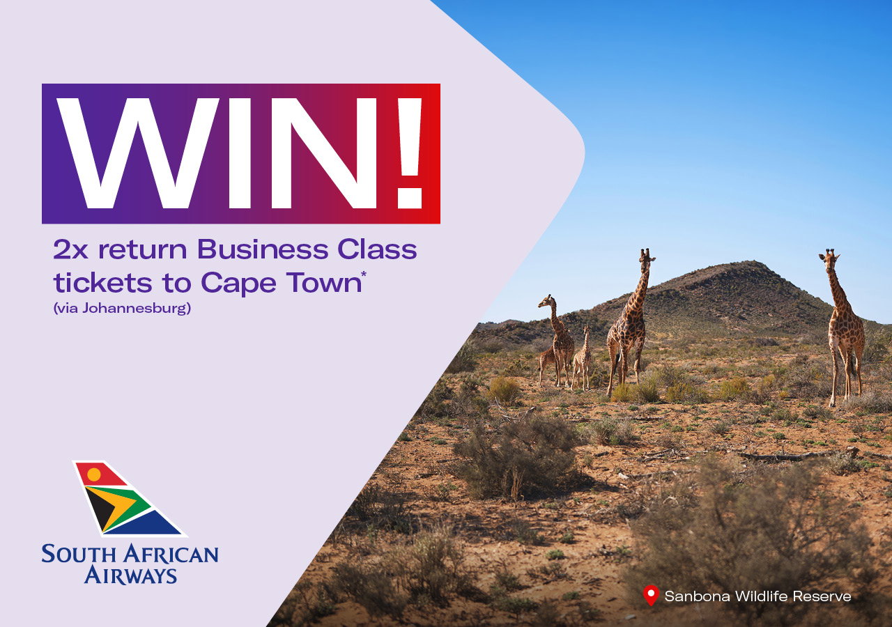 Image: Giraffes in Sanbona Wildlife Reserve. Text: Win! 2x return Business Class tickets to Cape Town (via Johannesburg)